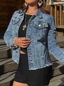 【Plus Size】 Solid Ripped Button Front Denim Jacket, Casual Long Sleeve Pocket Outerwear for Summer, Women's Clothes for Daily Wear