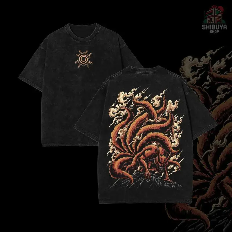 Kurama 9-Tailed Fox Naruto Shippuden Menswear Shirt - Vintage Acid Washed Heavy Cotton, Unisex Streetwear Graphic Top, Casual Outdoor Party Apparel, Anime Manga Fan Gift, Shirts