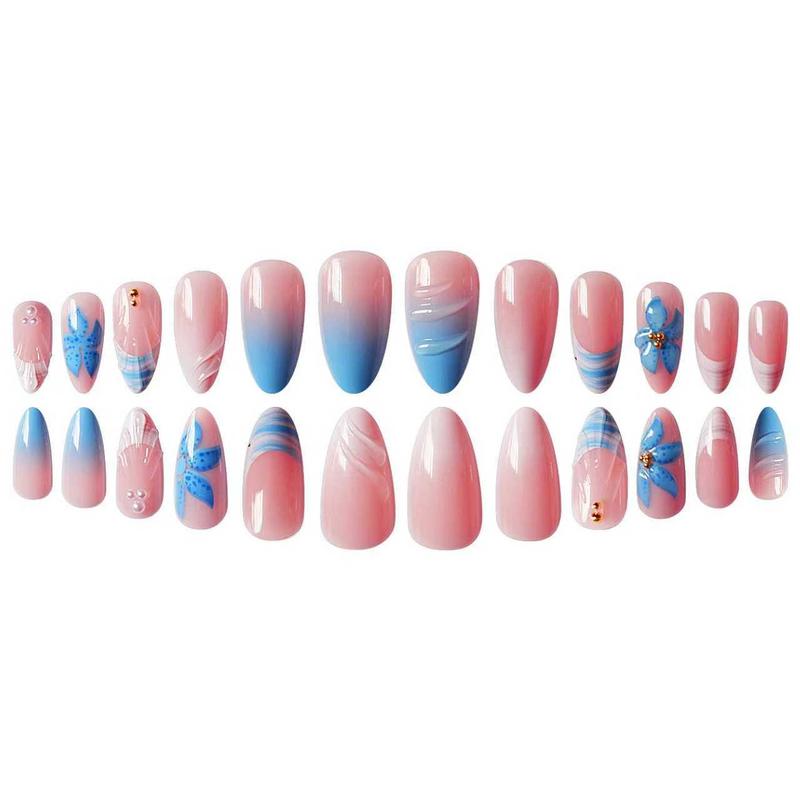 24pcs Almond Press-On Nails, Glossy Blue Gradient Design, Starfish Shell Flower Decorations, Easy Apply Nail Art Set for Women & Girls Gift
