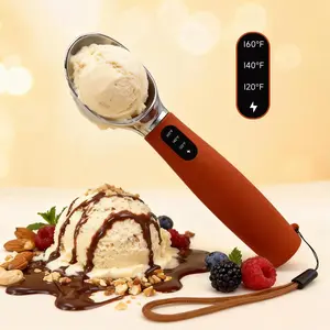 Heated Ice Cream Scoop with Front LED Display, Auto Heating, 3 Heat Levels 120/140/160°F, IPX7 Waterproof, One-Piece Heating Head, Silicone Handle, Hanging Loop, Rechargeable Scoop for Hard Ice Cream, Kitchen Gadget & Gift