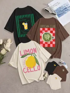 Breathable Casual Graphic T-Shirt, Loose Fit Round Neck Design, Lemon Matcha Print, Daily Wear Fashion Comfort Top, Three Pack