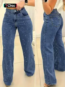 Women's Fashion Casual Beaded Hem Wide Leg Denim Jeans Pants, High Waist Fitted Long Regular Fit, Elastic Fabric for All Seasons