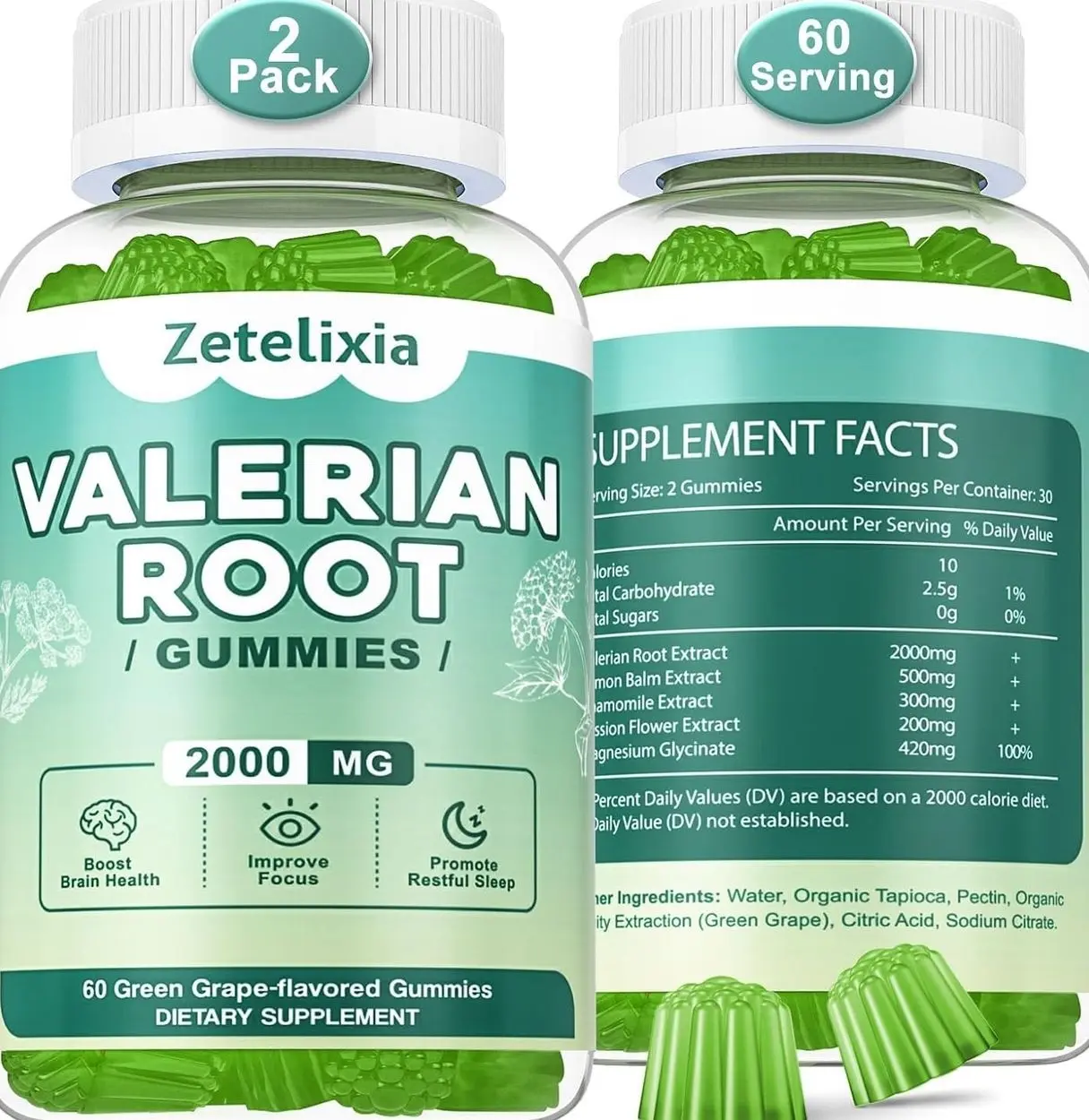 2 Pack Organic Valerian Root Gummies, Natural Calm to Help Relaxation, Herbal Supplement for Mood Support, Melatonin Free, Non-GMO, Gluten Free, Vegan, Green Grape Flavor, 120 Count