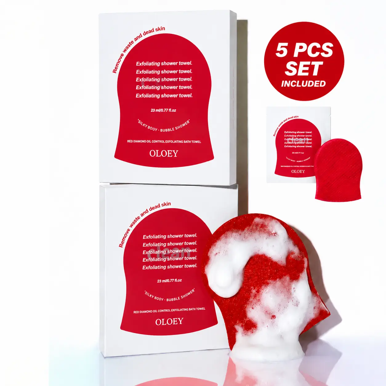 OLOEY Exfoliating Glove Bath Scrub Set, 5-Pcs Per Box, Hyaluronic Acid & Papaya Enzyme Infused, Massage Circles Design, Lightweight, Skin-Softening, Nourishing, Moisturizing, Non-Toxic, Gentle Cleansing for Oily Skin