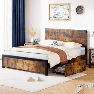 GARVEE Bed Frame with 4 Drawers, Rustic Wood and Metal Frame with Large Storage, Noise Free, No Box Spring Needed