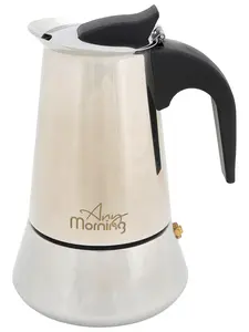 Any Morning Stainless Steel Moka Pot, 200 ml, 6.7 oz Induction Compatible, Safety Valve, 4-Cup Stovetop Espresso Maker, Durable Design