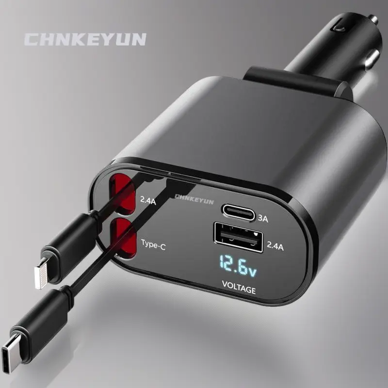 CHNKEYUN 4-in-1 Retractable 120W Max Power Car Charger Adapter - Type-C & Lightning Cables, 2 USB Ports, Iphone Charger for Simultaneous Charging, Car Interior Accessories, Tech Gadgets for iPhone 15-12 Pro Max, Galaxy S23