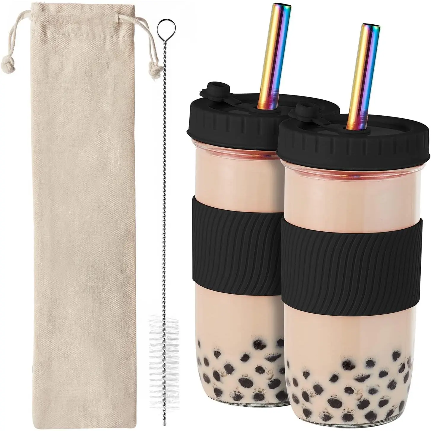 2 Pack Reusable Boba Cup,24Oz  Smoothie Cup,mason Jar Glass Cups with Lids and Straws,Bubble/Boba Tea Cups,Ice Coffee Tumbler 2 colored straws 1 sponge brush(Black)