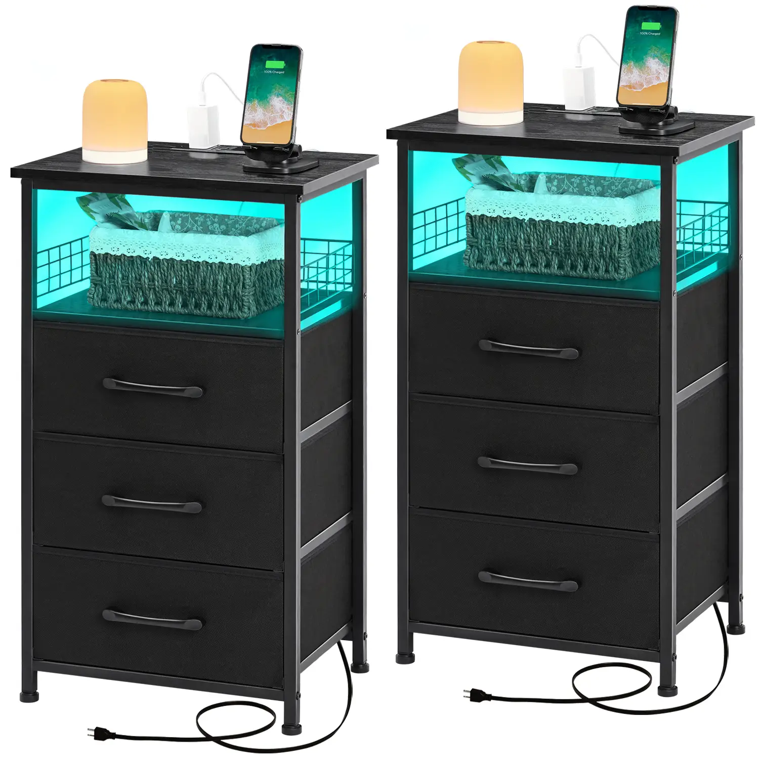 LED Night Stand with Charger Station, Nightstand Sets of 2, Bedside Table with USB Ports for Living Room, Skinny dresser with storage drawers, space