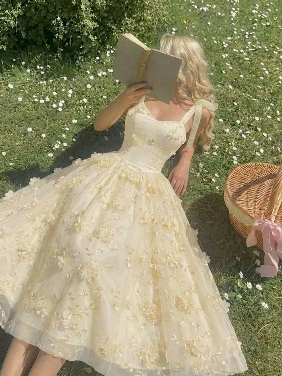 Women's Elegant Embroidered Tie Shoulder Midi Dress,Pink Floral Summer Fairycore Holiday Picnic,Corset Top Garden Party Wedding Guest Formal Dress
