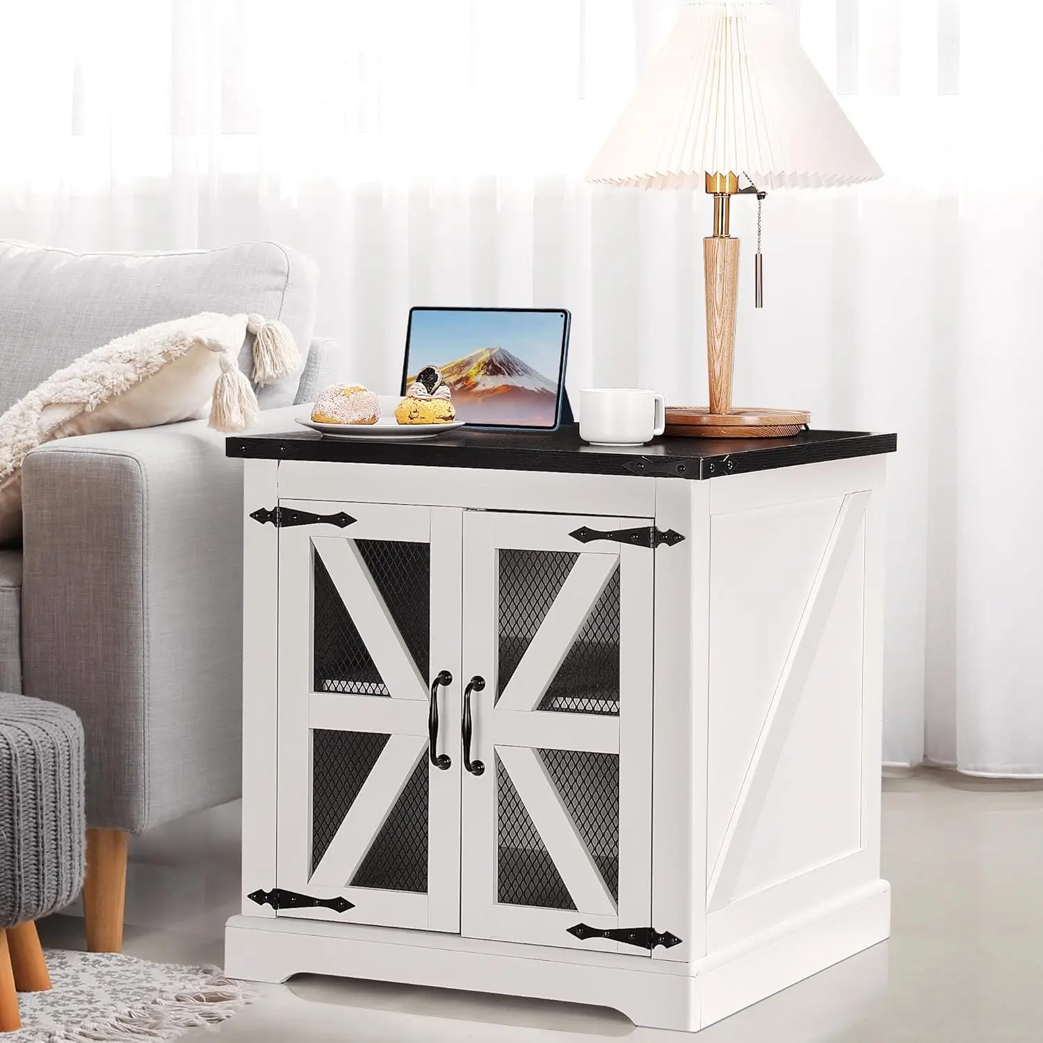 Lynxor White Farmhouse End Table with Charging Station, 24" Large Sofa Side Table with Drawer, Large End Table for Living Room, Wooden Nightstand with