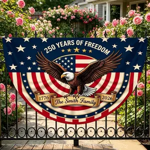 Custom USA 250th Anniversary Patriotic Semi Circle Flag, Personalized Family Name Porch Fence Art Decor, Independence Day Eagle Banner