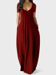 Plus Size Women's Solid Color Deep V-Neck Dress, European and American Style, Sexy Short Sleeve Summer Dress, Bestseller