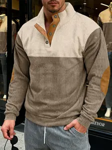 High-Quality Men's Corduroy Casual Trendy Sweatshirt, Loose Fit Polo Neck, Long Sleeve, Colorblock, Perfect Gift for Holidays