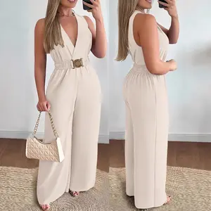 Spring/Summer Stretch Fabric Short Sleeve Diagonal Pocket Solid Color Sexy V-Neck Loose Elastic Waist Wide-Leg Women's Jumpsuit