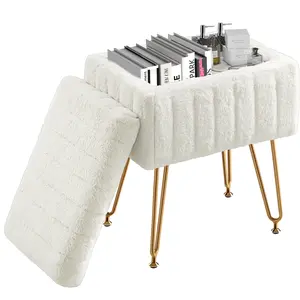 Vanity Stool Chair with Storage, Ottoman Faux Fur Soft Padded Makeup Footstools Seat Modern Footrest for Home Entryway Bedroom