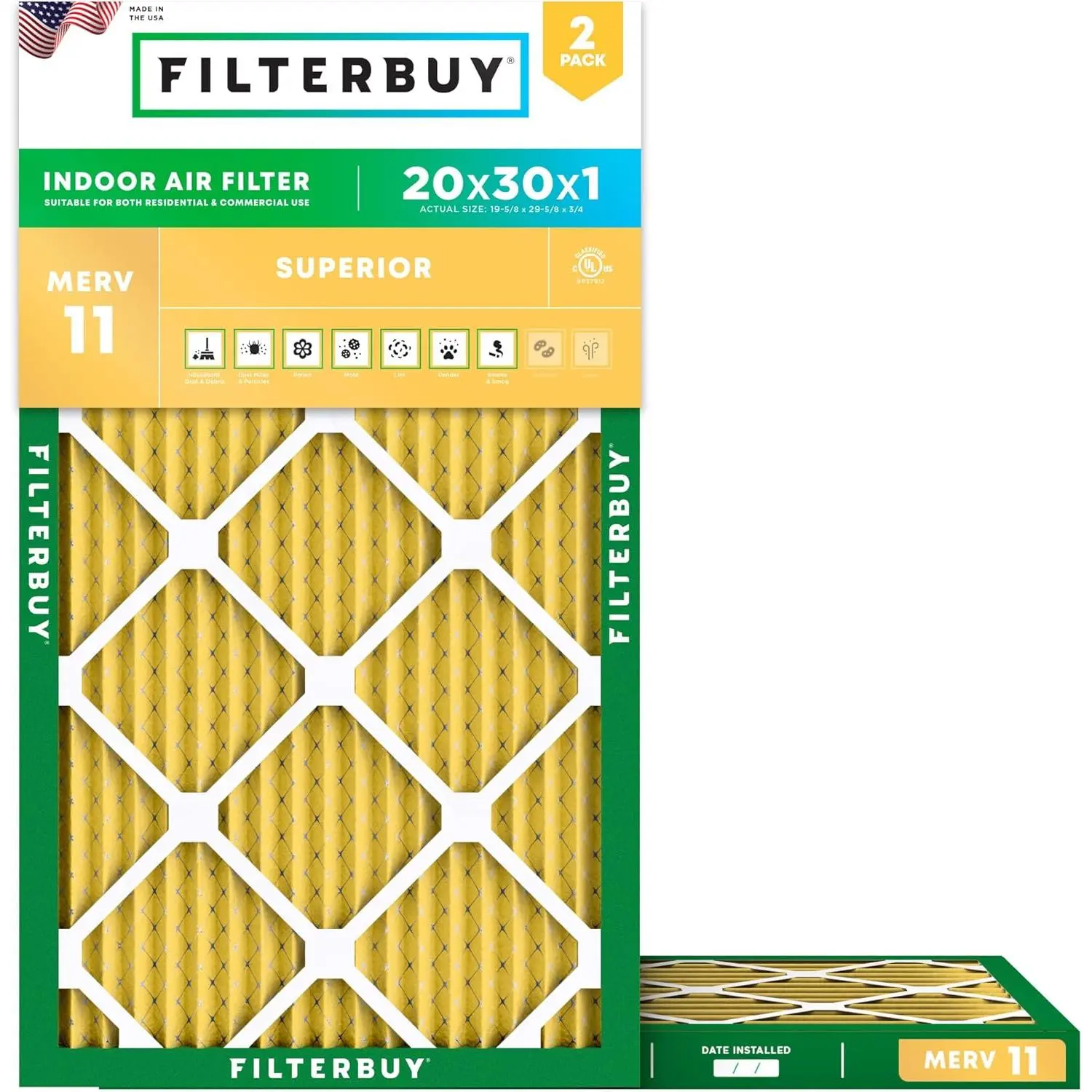 Filterbuy 20x30x1 Air Filter (2-Pack), Pleated MERV 11 Allergen Defense HVAC AC Furnace Air Filters (Actual Size: 19.63 x 29.63 x 0.75 Inches)