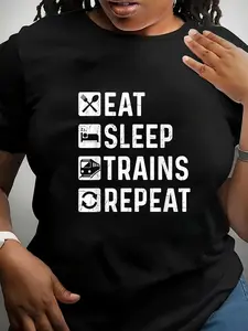 100% Cotton Unisex Eat Sleep Trains Repeat - Railroad Railway Locomotive Driver T-Shirt
