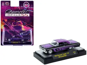 1964 Chevrolet Impala SS 409 Convertible Black Metallic w/Purple Graphics and Soft Top 1/64 Diecast Model Car by M2 Machines
