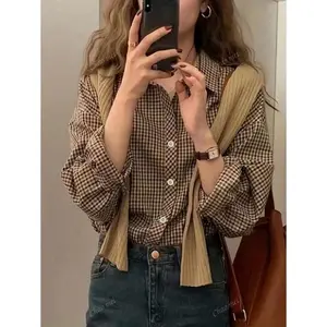Women’s casual checkered long-sleeved shirt, autumn, long-sleeved top