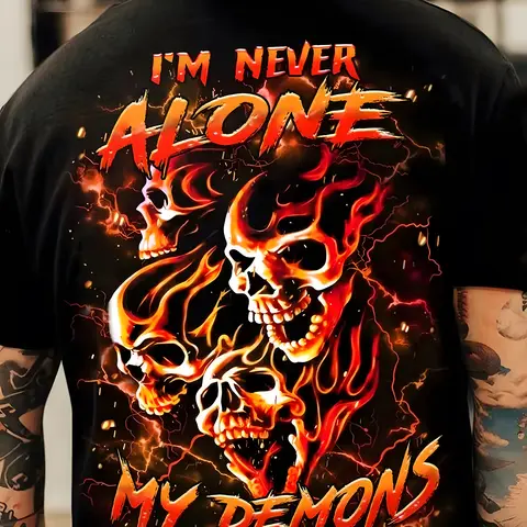 Big And Tall Plus Size Men's Short Sleeve T Shirts with Funny Sayings for Men Flame Skull Demon Print Graphic Design Bold Statement Artwork for Dark Fashion Lovers Street Wear Spring Autumn Winter Comfortable with Slight Stretch Regular Fit Crew Neck