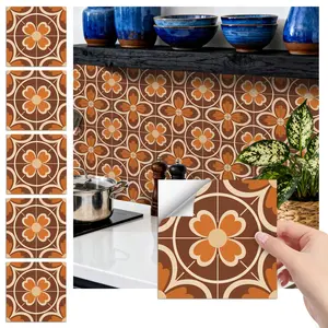 24PCS/Box FHZ Classic Art Tile Pattern | Brown-Orange Floral Retro Patchwork Wall Stickers | PET Matte Peel & Stick | Waterproof Oil-Proof for Bedroom School Office Kitchen Bathroom