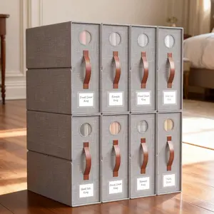 TRZZ Linen Sheet Storage Boxes 4/8 Pack - Grey Foldable Closet Organizers with Clear Window Magic Tape Labels for King Queen Bedding Blankets