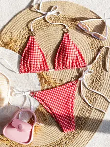 Women's Plaid Print Bikini Set, Swimsuit Bikini, Casual Tie Back Swim Top & Swim Bottom, Fashion Women's Swimwear for Beach Holiday Vacation