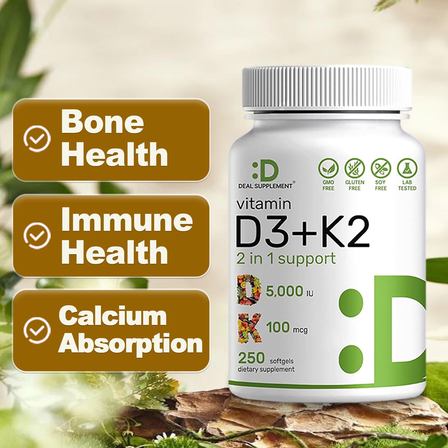Deal Supplement Vitamin D3 & K2 250 Veggie Softgels 5000 IU D3 & 100 mcg K2 for Bone Immune Health & Calcium Absorption