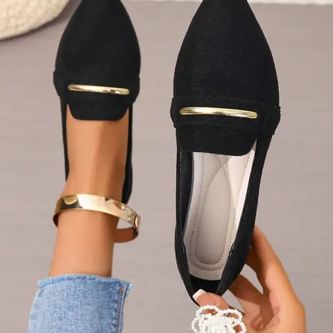 Plus Size Women's Spring and Autumn Casual Shoes, Pointed Toe Slip-On Flats with Metal Straps, Soft Sole Comfortable Shoes, Lightweight Flat Shoes
