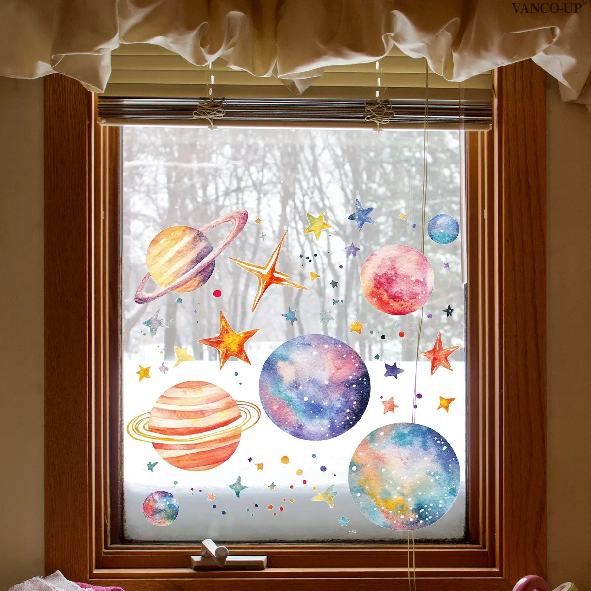 A set (30*30cm*2pcs) dreamy planetary cosmic star spring children's room window stickers, electrostatic adsorption glass window home decor for children's room beautification