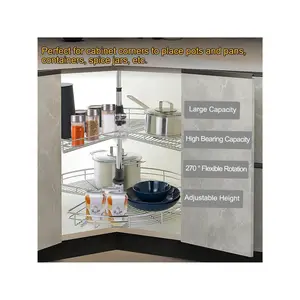 24inch Kidney Shaped Lazy Susan Corner Organizer, 2 Tier Lazy Susan Turntable For Cabinet, 270° Rotating Storage Shelf Rack, Adjustable Height 22-31inch