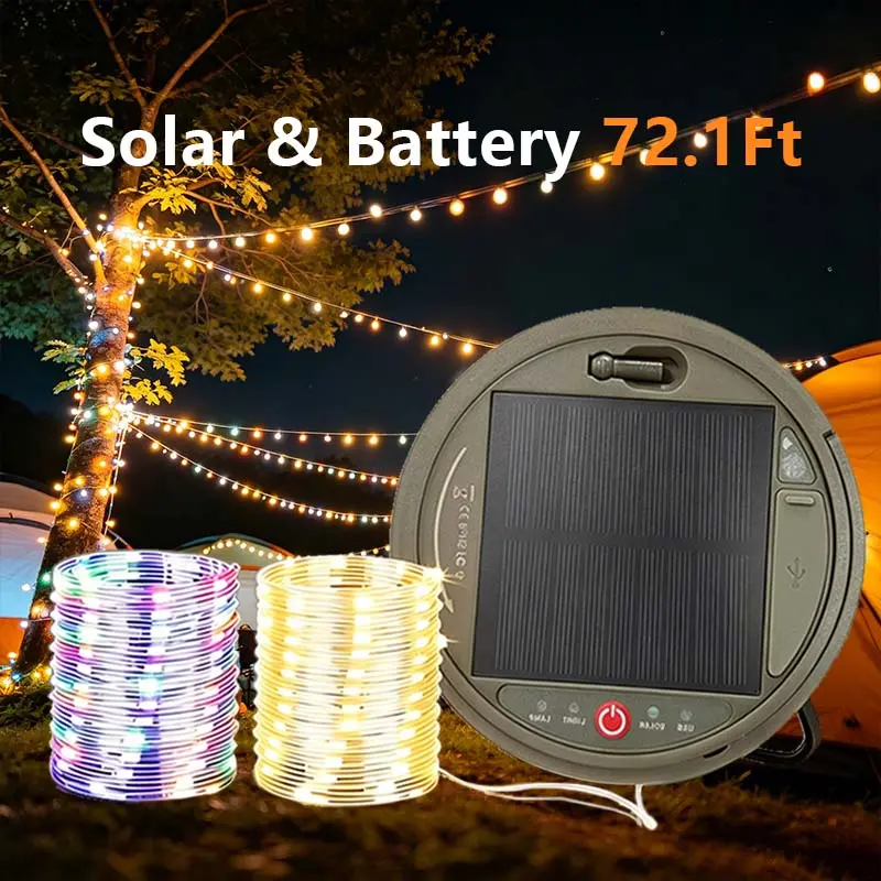 Solar Outdoor Lights Super Bright 72.1ft Retractable LED String Lights with 5400mAh Large Capacity Battery, Solar & Battery Dual Powered Waterproof Outdoor Lights for Camping,right All-Night Decor Lights for Outdoor Parties & Daily Yard Decor