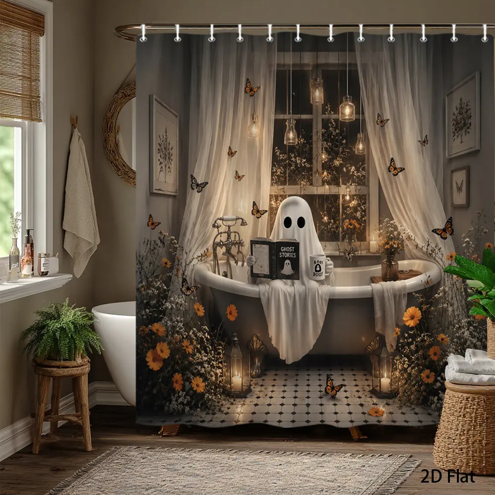 1pc 2D Large-Sized Shower Curtain with Halloween Ghost Theme, Polyester Fabric Bathroom Decoration, Bathtub Partition Hanging Curtain 70.8X 70.8Inch with Horror Butterflies And Vintage Lanterns, Includes Hooks