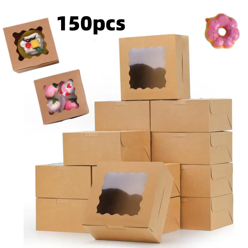 150pcs Brown Bakery Boxes with Window, 4x4x2.5" Kraft Treat Box, Small Boxes for Treats, Pastries, Chocolate Covered Strawberries, Macarons, Cupcakes, Goodies, Donuts