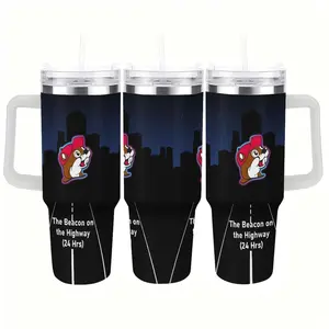 The Beacon on the Highway 40oz Tumbler, Buc-ees Inspired Texas Road Trip Travel Mug, Retro Night Drive Aesthetic Coffee Cup, Neon Beaver Logo Skyline Design, Best Gift for Road Trip Lovers, Sleek Black Southern Style Water Bottle