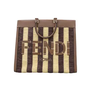 Pre-owned FENDI Canvas & Raffia Tote Bags Rafia Medium Sunshine Tote with Crossbody