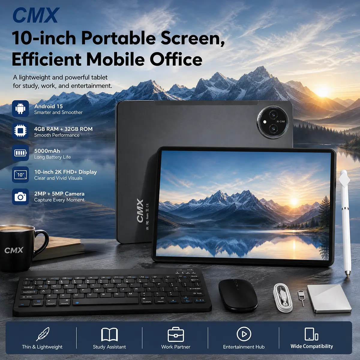 2026 Family 2-in-1 Android 15 Tablet, 10.1" Large Screen,256GB Storage, Keyboard, Case Bundle for Kids Learning & Home Use gift murah