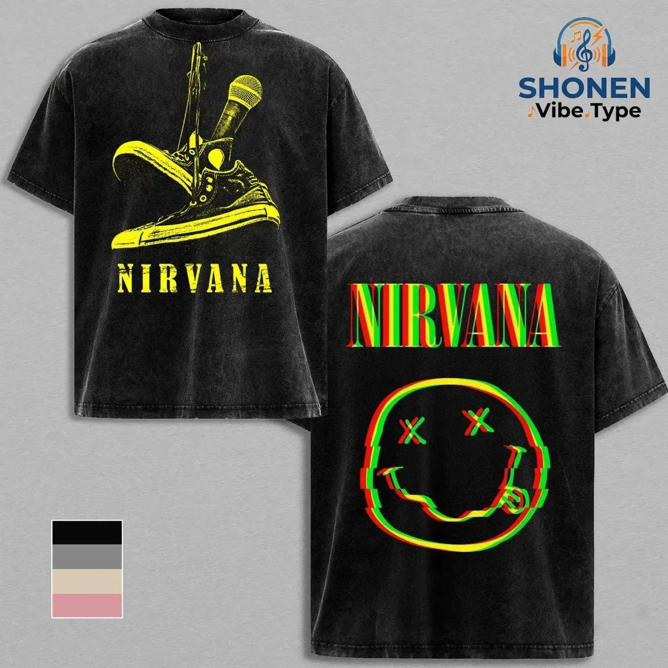 Nirvana Glitch Smiley Face Vintage Acid Wash Tee & Hoodie, Oversized Heavyweight Pullover Sweatshirt, 90s Grunge Rock Band Merch, Streetwear for Men, Retro Alternative Music, Gift For Fan 0O7