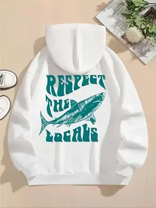 【plus Size】 Letter & Shark Print Drop Shoulder Hoodie, Fashion Casual Drawstring Pocket Hooded Sweatshirt for Daily Holiday Outdoor Wear, Women Clothing for Fall & Winter