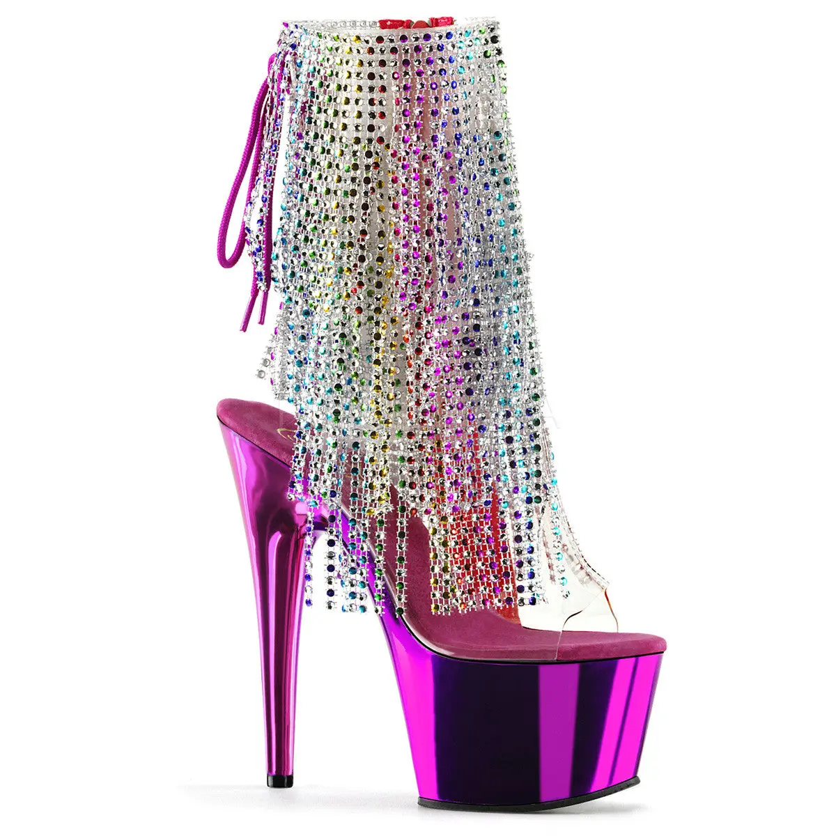 Women's Stiletto Ankle Boots, Stylish Open Toe Footwear with 7-in Heel, Fuchsia Chrome Platform and Multi-Color Rhinestone Fringe, Elegant, Fashion, High Heels