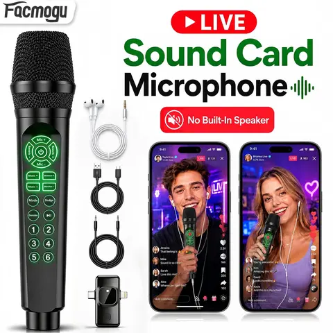 [Facmogu] Wired Plug-in Audio Microphone - No Built-in Speaker, USB-C/Lightning Receiver Port, Bluetooth BGM Support, Headphone Monitoring, Reverb, Denoise, Voice Effects, Control Buttons, for Smartphone, Computer Live/Recording, Tablet Charging Device
