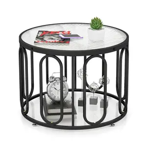 COSTWAY - 24 Inch Round Coffee Table with Reeded Tempered Glass Top and Oval Swivel Brackets-Black
