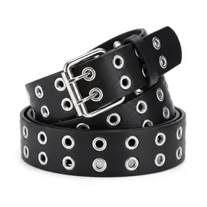 Harkapy 2-Pack Double Grommet Double Prong Punk Belt Unisex PU Leather Adjustable Waist Belt for Jeans Y2K Gothic Biker Style Fashion Accessory for Men Women Daily Wear Party