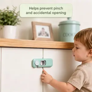 5PCS No-drill adhesive baby safety cabinet lock, anti-pinch & anti-accidental opening toddler home safety accessory, universally fits kitchen/bath drawers, storage cabinets and wardrobe doors.