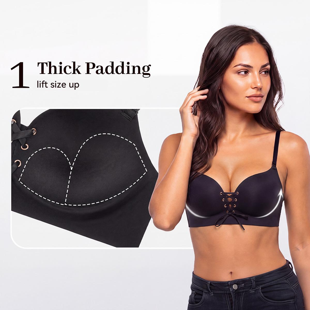 LUCKMEEY Drawstring Push Up Bra for Women | Wireless Lace Up Front Bra with Adjustable Lift & Enhanced Cleavage, Padded Comfort Bra for A B C Cups, Deep V Plunge Bra for Everyday Wear