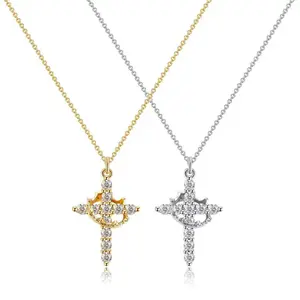 Rotating Crown Cross 8K Gold/Silver Plated Necklace unisex nickel-free, Adjustable Chain, Trendy Rhinestone Pendant for Women & Men, Perfect for Party & Daily Wear non-tarnish gift-ready faith based jewelry Christmas Gift