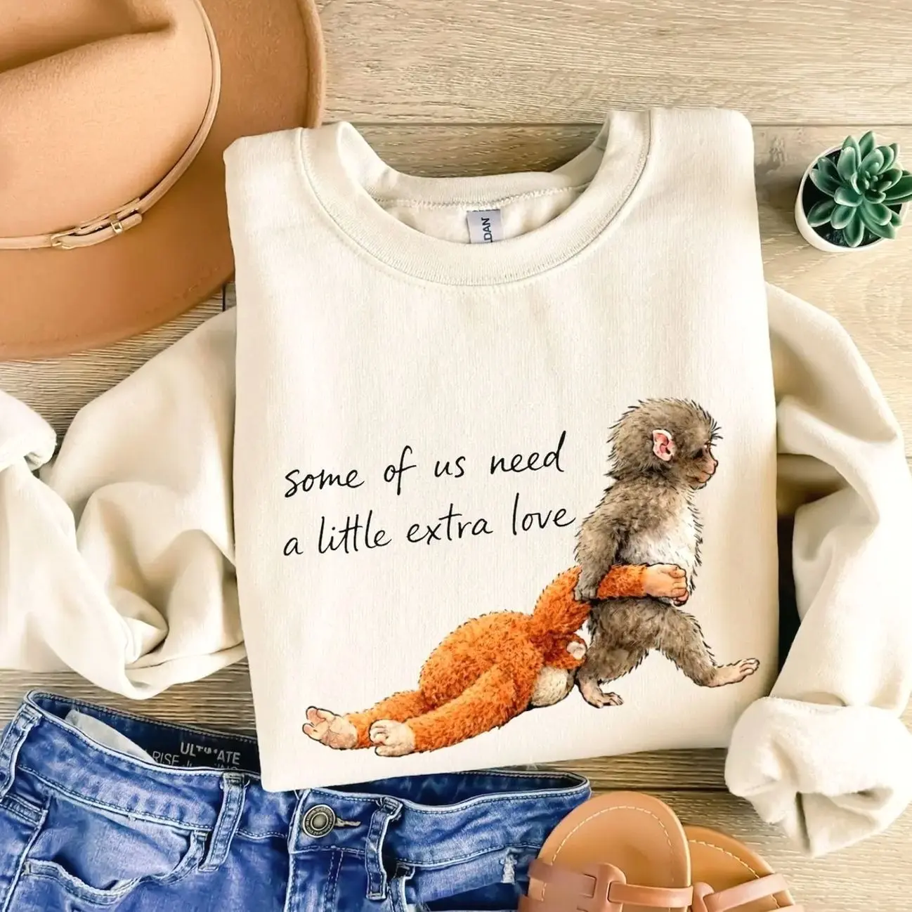 Baby Monkey Sweatshirt – Cute Monkey Holding Plush Toy Graphic, Emotional Animal Lover Crewneck, Gift for Mom