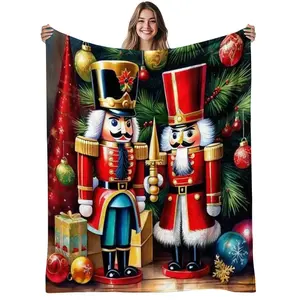 1Pc Nutcracker Soldier Flannel Blanket - Soft Warm 280Gsm & Bedding, Room Decor, Christmas & Halloween Gift, Red/White/Golden Nutcracker Print, Nutcracker Christmas Decorations, Nutcracker Wall Decor, Warm Blankets For Winter, Vintage Christmas Throws And