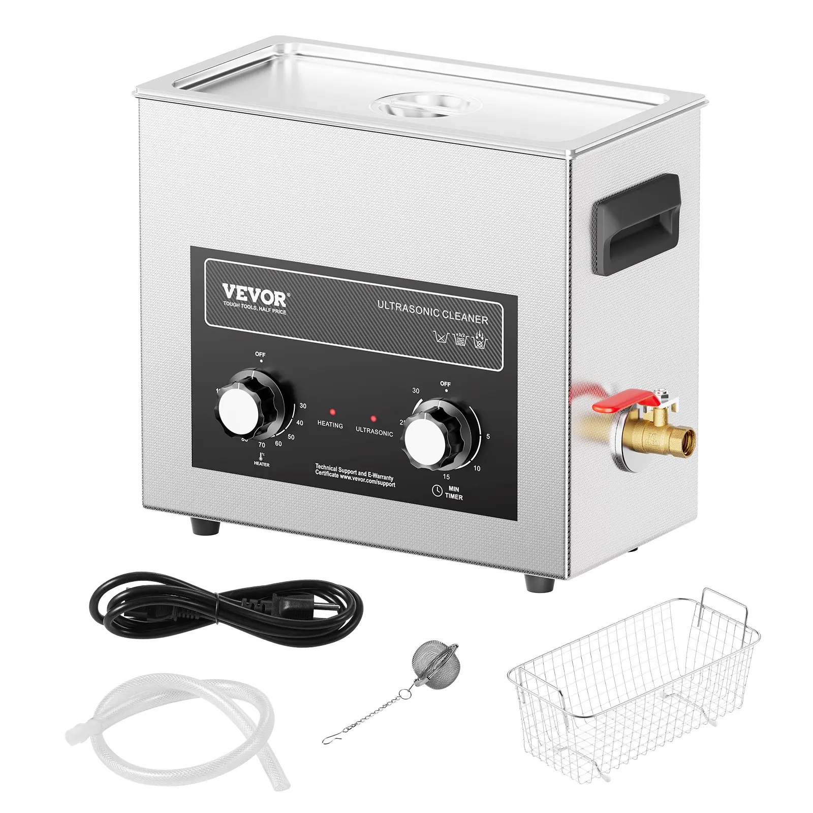 VEVOR 6L 40kHz Digital Ultrasonic Cleaner with 180W Power, Heater, Timer, Stainless Steel Cleaning Basket, Advanced Transducer Tech, Digital Control, Drainage Design, Portable Handle, Wide Applicability for Eyewear, Metal Components